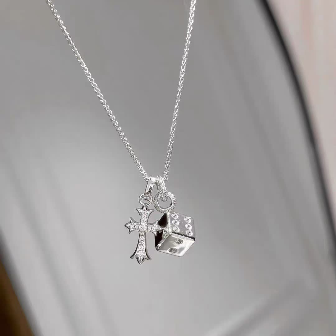Chrome Hearts Silver Cross and Dice Charm Necklace